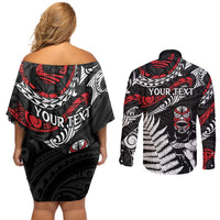 New Zealand Maori Rugby Personalised Couples Matching Off Shoulder Short Dress and Long Sleeve Button Shirt Ta Moko Silver Fern