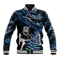 New Zealand Maori Rugby Personalised Baseball Jacket Ta Moko Silver Fern - Paua Blue