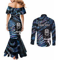 New Zealand Maori Rugby Personalised Couples Matching Mermaid Dress and Long Sleeve Button Shirt Ta Moko Silver Fern - Paua Blue