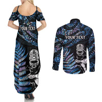 New Zealand Maori Rugby Personalised Couples Matching Summer Maxi Dress and Long Sleeve Button Shirt Ta Moko Silver Fern - Paua Blue