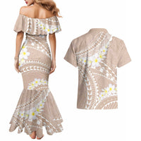 Polynesian Vintage Floral Couples Matching Mermaid Dress and Hawaiian Shirt Beige Motifs - Polynesian Pride