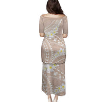 Polynesian Vintage Floral Family Matching Puletasi and Hawaiian Shirt Beige Motifs - Polynesian Pride