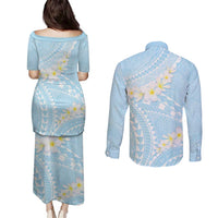 Polynesian Vintage Floral Couples Matching Puletasi and Long Sleeve Button Shirt Azure Motifs LT7 - Polynesian Pride