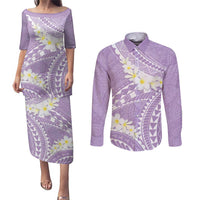Polynesian Vintage Floral Couples Matching Puletasi and Long Sleeve Button Shirt Lavender Motifs LT7 Lavender - Polynesian Pride