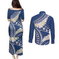 Polynesian Vintage Floral Couples Matching Puletasi and Long Sleeve Button Shirt Navy Blue Motifs LT7 - Polynesian Pride