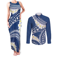 Polynesian Vintage Floral Couples Matching Tank Maxi Dress and Long Sleeve Button Shirt Navy Blue Motifs - Polynesian Pride