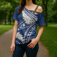 Polynesian Vintage Floral Cross Shoulder Shirt Navy Blue Motifs LT7 - Polynesian Pride