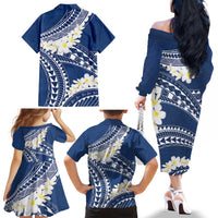 Polynesian Vintage Floral Family Matching Off The Shoulder Long Sleeve Dress and Hawaiian Shirt Navy Blue Motifs - Polynesian Pride