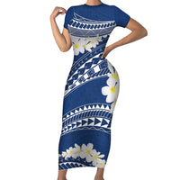 Polynesian Vintage Floral Short Sleeve Bodycon Dress Navy Blue Motifs - Polynesian Pride