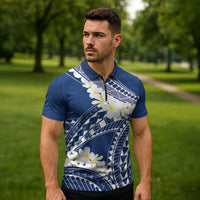 Polynesian Vintage Floral Zipper Polo Shirt Navy Blue Motifs LT7 - Polynesian Pride