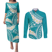 Polynesian Vintage Floral Couples Matching Puletasi and Long Sleeve Button Shirt Teal Motifs LT7 Teal - Polynesian Pride