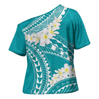 Polynesian Vintage Floral Cross Shoulder Shirt Teal Motifs LT7 - Polynesian Pride