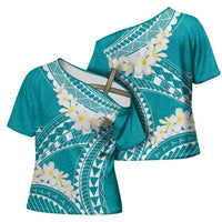 Polynesian Vintage Floral Cross Shoulder Shirt Teal Motifs LT7 - Polynesian Pride