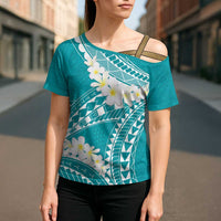 Polynesian Vintage Floral Cross Shoulder Shirt Teal Motifs LT7 - Polynesian Pride