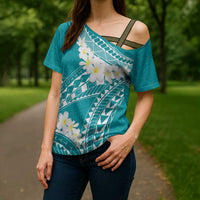 Polynesian Vintage Floral Cross Shoulder Shirt Teal Motifs LT7 - Polynesian Pride