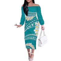 Polynesian Vintage Floral Family Matching Off The Shoulder Long Sleeve Dress and Hawaiian Shirt Teal Motifs - Polynesian Pride