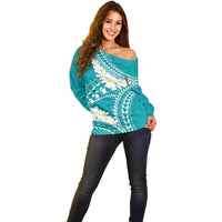 Polynesian Vintage Floral Off Shoulder Sweater Teal Motifs - Polynesian Pride