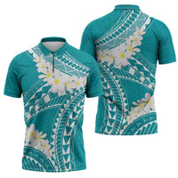 Polynesian Vintage Floral Zipper Polo Shirt Teal Motifs LT7 - Polynesian Pride