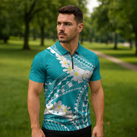 Polynesian Vintage Floral Zipper Polo Shirt Teal Motifs LT7 - Polynesian Pride