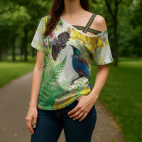 New Zealand Maori Mahuru Cross Shoulder Shirt Tui With Pikawakawa Spring Colors LT7 - Polynesian Pride
