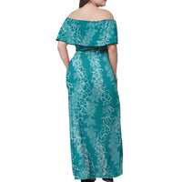 Hawaii Plumeria Lei Off Shoulder Maxi Dress Aloha Festive Vibe - Teal LT7 - Polynesian Pride