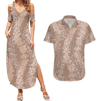 Hawaii Plumeria Lei Couples Matching Summer Maxi Dress and Hawaiian Shirt Aloha Festive Vibe - Beige