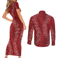Hawaii Plumeria Lei Couples Matching Short Sleeve Bodycon Dress and Long Sleeve Button Shirt Aloha Festive Vibe - Crimson
