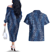 Hawaii Plumeria Lei Couples Matching Off The Shoulder Long Sleeve Dress and Hawaiian Shirt Aloha Festive Vibe - Navy Blue LT7 - Polynesian Pride