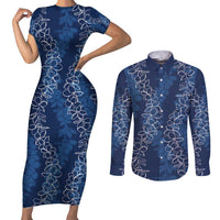 Hawaii Plumeria Lei Couples Matching Short Sleeve Bodycon Dress and Long Sleeve Button Shirt Aloha Festive Vibe - Navy Blue