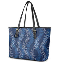 Hawaii Plumeria Lei Leather Tote Bag Aloha Festive Vibe - Navy Blue LT7 - Polynesian Pride