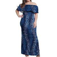 Hawaii Plumeria Lei Off Shoulder Maxi Dress Aloha Festive Vibe - Navy Blue