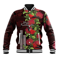 Hawaii Mele Kalikimaka Kakau Baseball Jacket I'iwi Bird on Ohia Lehua LT7 Unisex Black Red - Polynesian Pride
