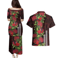 Hawaii Mele Kalikimaka Kakau Couples Matching Puletasi and Hawaiian Shirt I'iwi Bird on Ohia Lehua