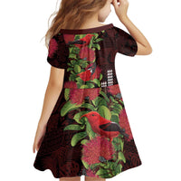 Hawaii Mele Kalikimaka Kakau Kid Short Sleeve Dress I'iwi Bird on Ohia Lehua LT7 - Polynesian Pride