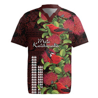 Hawaii Mele Kalikimaka Kakau Rugby Jersey I'iwi Bird on Ohia Lehua LT7 Black Red - Polynesian Pride