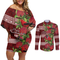 Hawaii Christmas Mele Kalikimaka Couples Matching Off Shoulder Short Dress and Long Sleeve Button Shirt I'iwi Bird on Ohia Lehua