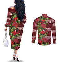 Hawaii Christmas Mele Kalikimaka Couples Matching Off The Shoulder Long Sleeve Dress and Long Sleeve Button Shirt I'iwi Bird on Ohia Lehua