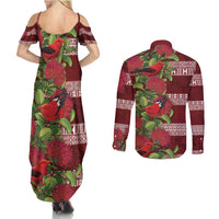 Hawaii Christmas Mele Kalikimaka Couples Matching Summer Maxi Dress and Long Sleeve Button Shirt I'iwi Bird on Ohia Lehua