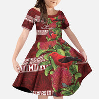 Hawaii Christmas Mele Kalikimaka Family Matching Tank Maxi Dress and Hawaiian Shirt I'iwi Bird on Ohia Lehua LT7 Daughter's Dress Red White - Polynesian Pride