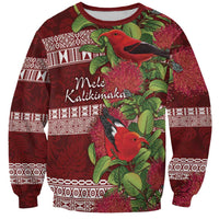 Hawaii Christmas Mele Kalikimaka Sweatshirt I'iwi Bird on Ohia Lehua LT7 Unisex Red White - Polynesian Pride