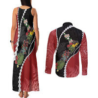 New Zealand Christmas Couples Matching Tank Maxi Dress and Long Sleeve Button Shirt Flora Map with Birds - Polynesian Pride