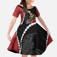 New Zealand Christmas Kid Short Sleeve Dress Flora Map with Birds - Polynesian Pride