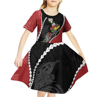 New Zealand Christmas Kid Short Sleeve Dress Flora Map with Birds - Polynesian Pride