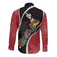 New Zealand Christmas Long Sleeve Button Shirt Flora Map with Birds - Polynesian Pride