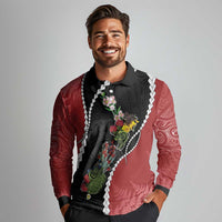 New Zealand Christmas Long Sleeve Polo Shirt Flora Map with Birds - Polynesian Pride