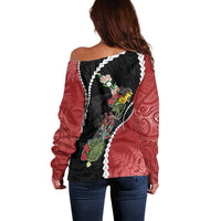 New Zealand Christmas Off Shoulder Sweater Flora Map with Birds - Polynesian Pride