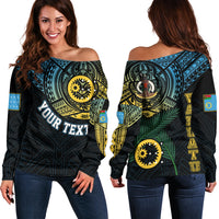 Personalised Vanuatu Off Shoulder Sweater Turtle Chest Tattoo Flag Color - Sanma LT7 Women Black - Polynesian Pride