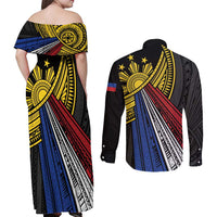 Philippines Sun Couples Matching Off Shoulder Maxi Dress and Long Sleeve Button Shirt Pasifika Tribal Style