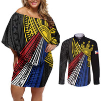 Philippines Sun Couples Matching Off Shoulder Short Dress and Long Sleeve Button Shirt Pasifika Tribal Style