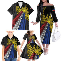 Philippines Sun Family Matching Off The Shoulder Long Sleeve Dress and Hawaiian Shirt Pasifika Tribal Style